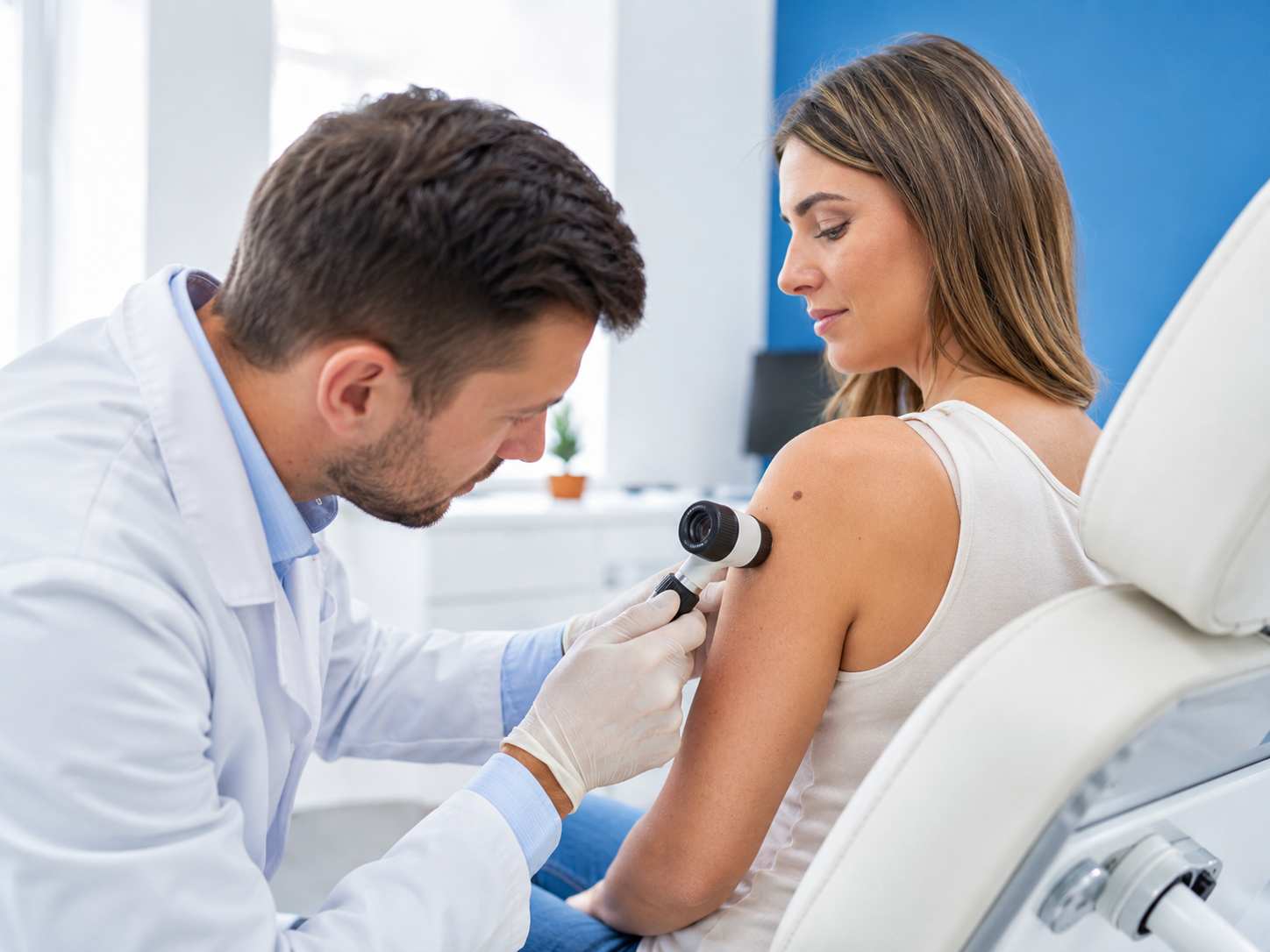 GP examining a suspicious skin spot for skin cancer symptoms